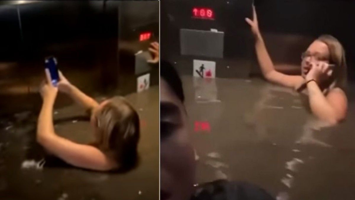 Horror en un ascensor. El momento en que el agua sube y les llega hasta el cuello (Foto: captura de pantalla).