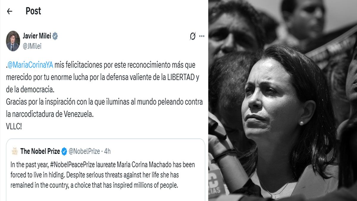 Milei en el saludo a María Corina Machado. Retuiteó el mensaje principal del Comité Nobel al darle el premio por la Paz en la edición 2025 (Foto: Cuenta de X de Javier Milei)