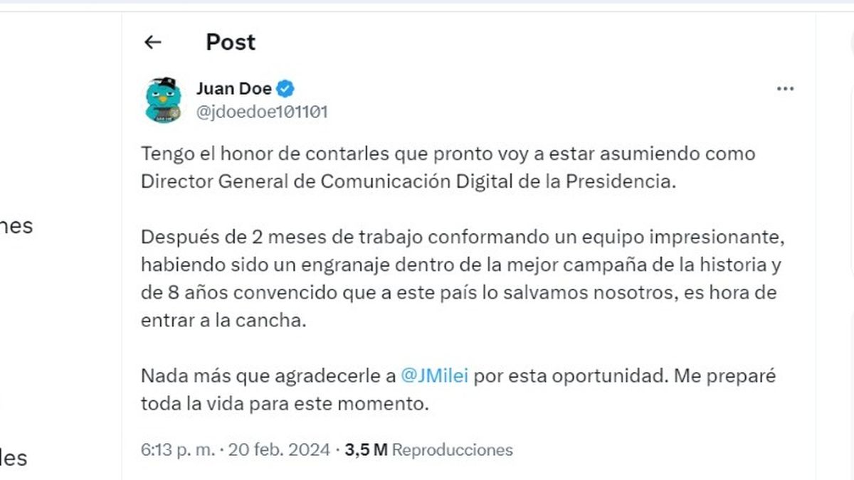 El posteo de Juan Doe para anunciar su llegada al Gobierno (Foto: El posteo de Juan Doe para anunciar su llegada al Gobierno (Foto: