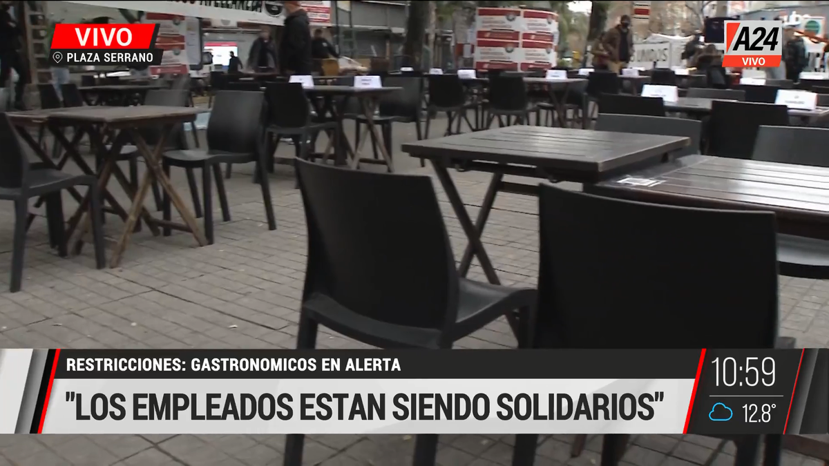 Los gastronómicos en alerta se manifestan en Plaza Serrano. (Captura de Tv)