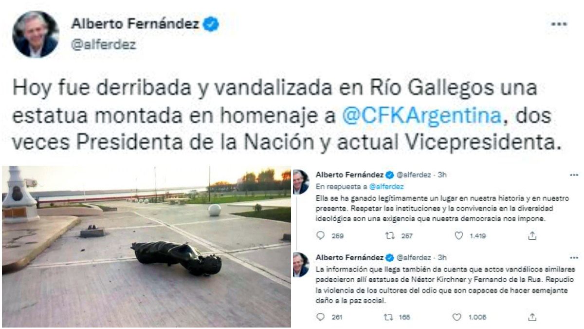 Alberto Fernández habló en Twitter sobre el acto vandálico a la estatua de Cristina Kirchner en Santa Cruz. (Foto: Twitter)