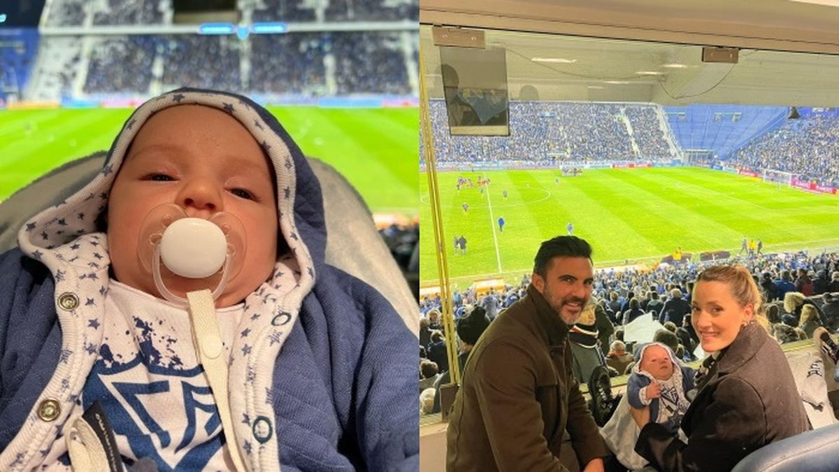 Luca junto a sus pap&aacute;s, Mica Viciconte y Fabi&aacute;n Cubero, en su primera visita a la cancha de V&eacute;lez Sarsfield.