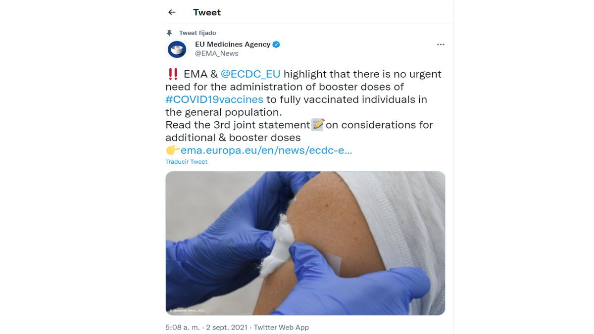 La Agencia Europea de Medicamentos también se suma a la polémica por la aplicación de la tercera dosis ante la pandemia (Foto: cuenta de Twitter de la EMA)