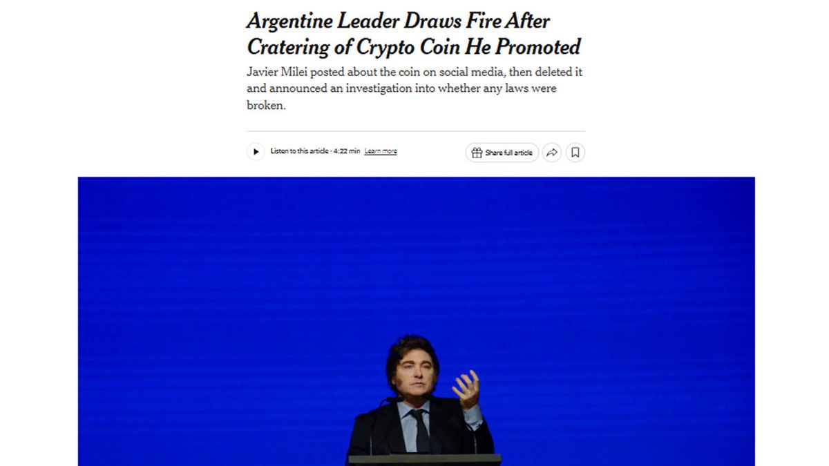 El escándalo de la criptomoneda promocionada por Milei llegó al New York  Times