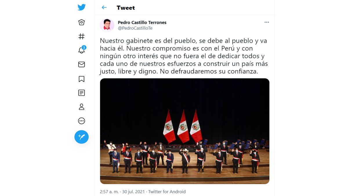 Pedro Castillo defendió la conformación de su gabinete de gobierno. Aunque todavía no tiene ministro de Economía (Foto: Cuenta oficial de Pedro Castillo)