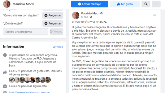 Mauricio Macri: El Gobierno busca venganza y tiene como objetivo a mis hijos