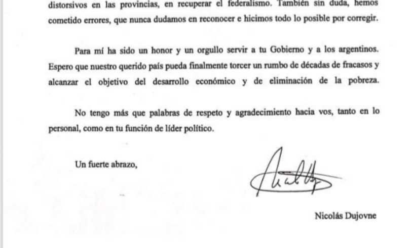 ¿Qué dice la carta de renuncia de Nicolas Dujovne al ministerio de Economía?