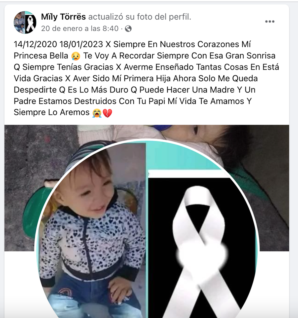 La mamá de Milena, principal sospechosa de asesinar a la beba de 2 años en Merlo, le escribió una carta en Facebook: "Estamos destruidos"