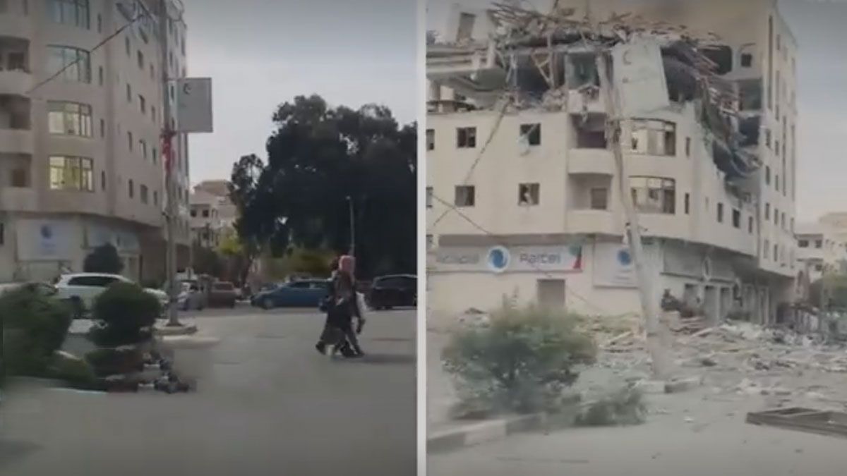 Un esquina en ciudad de Gaza, en 2023 y 2025. (Foto: Captura de TV)