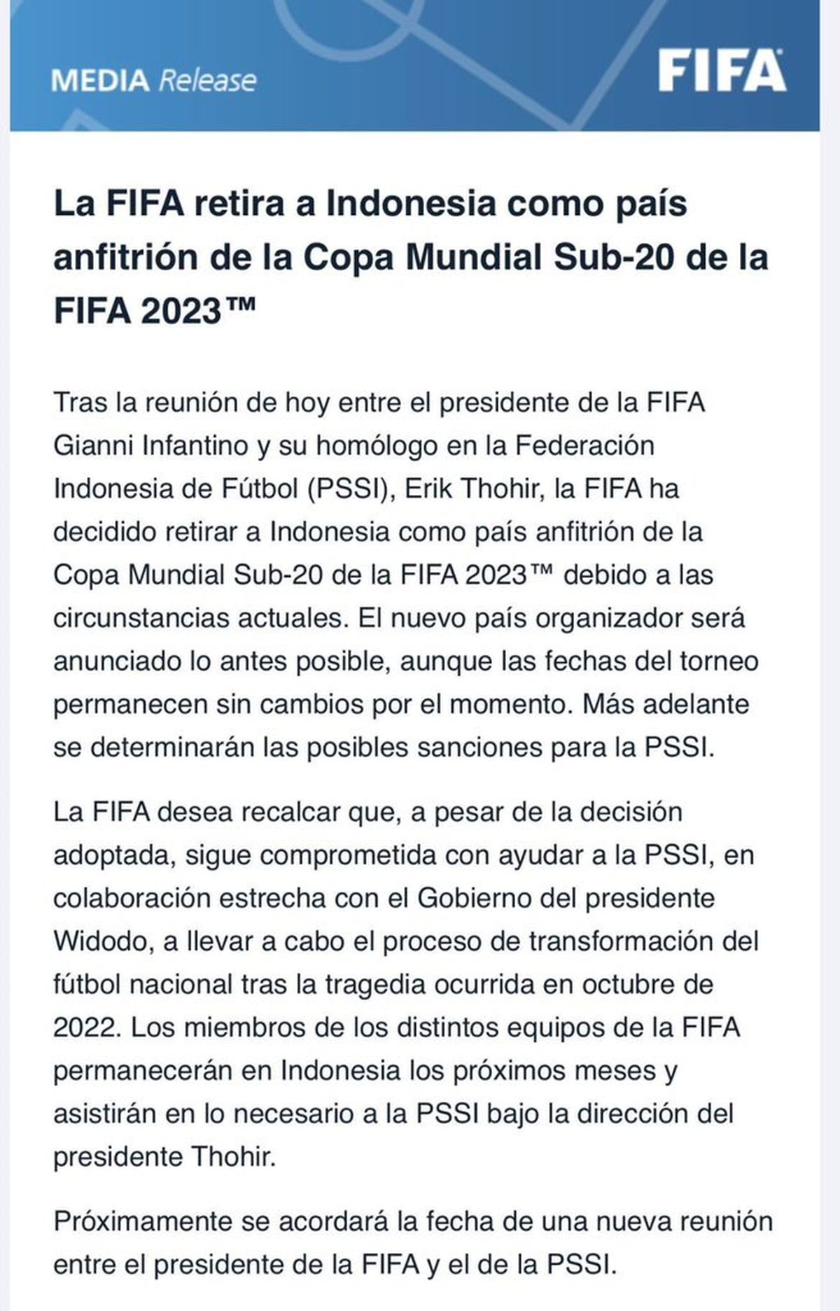 Es Oficial: La FIFA Le Sacó La Sede Del Mundial Sub 20 A Indonesia Y ...