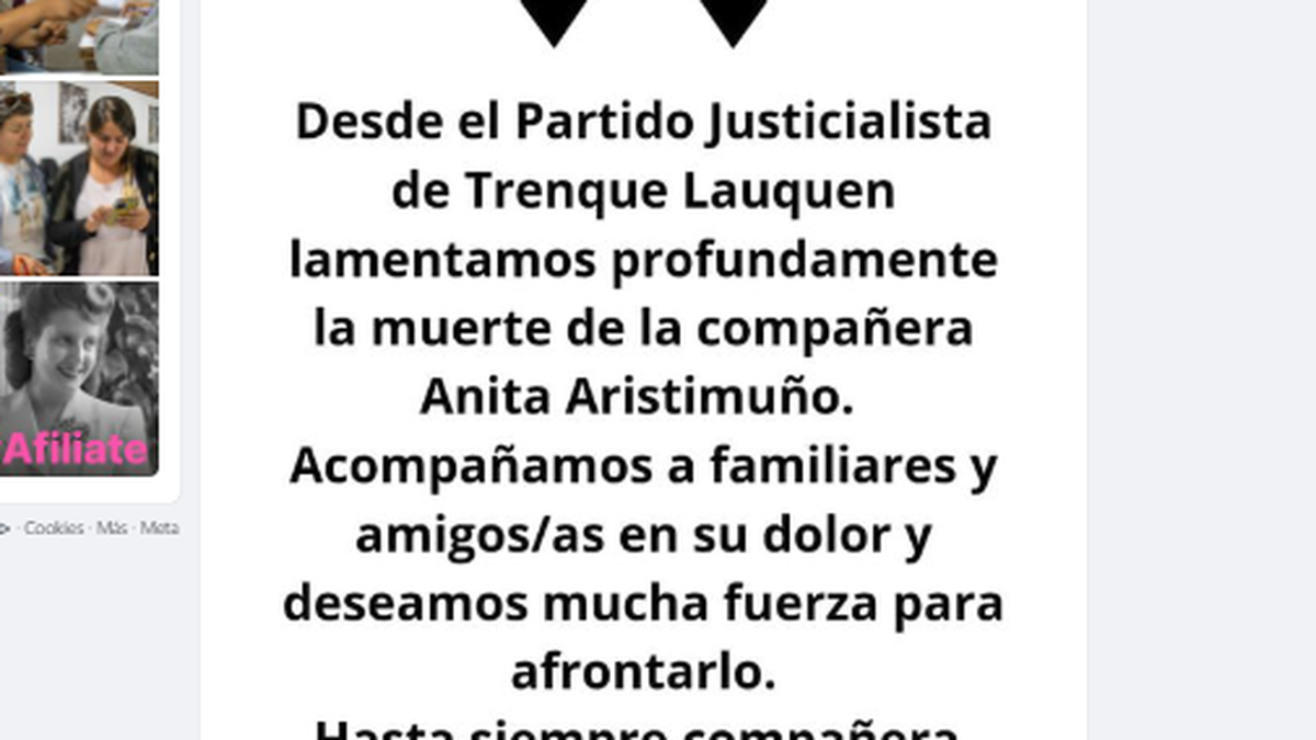 El Partido Justicialista de Trenque Lauquen lamentó la muerte de la docente (Foto: Facebook PJ Trenque Lauquen).
