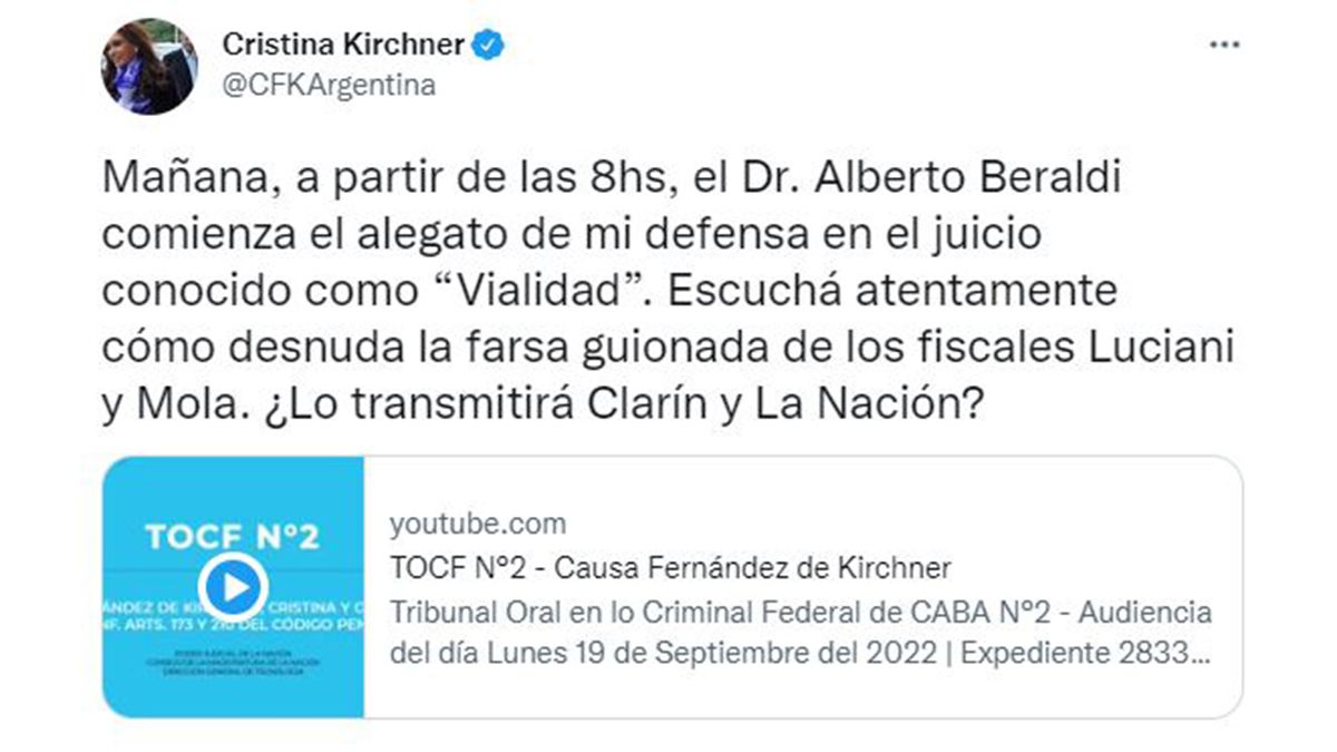Cristina Kirchner adelantó que su abogado 