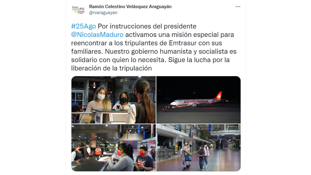 El gobierno de Venezuela envió un charter con familiares de los tripulantes sometidos a una investigación judicial en la Argentina (Foto: Cuenta de Twitter del ministro de transporte, Ramón Velásquesz)