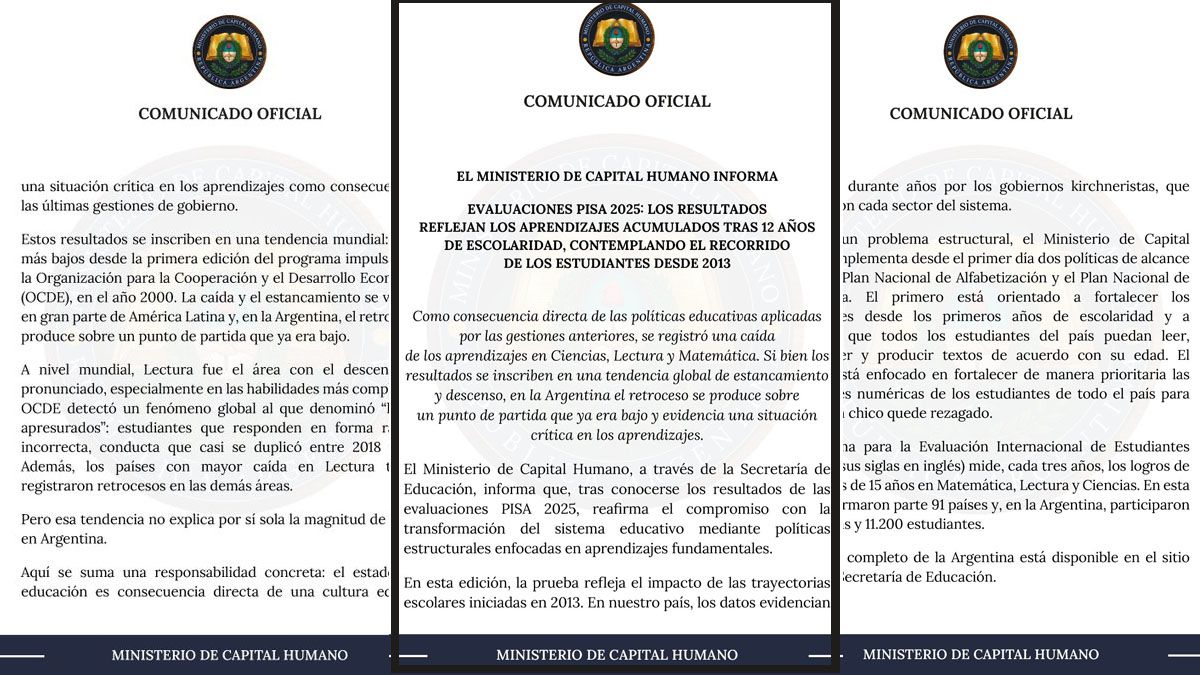 El comunicado del ministerio de dirige Sandra Pettovello sobre los resultados de las pruebas Pisa. Es responsabilidad de la política de los gobiernos kirchneristas. (Foto: Comunicado del ministerio de Capital Humano.)