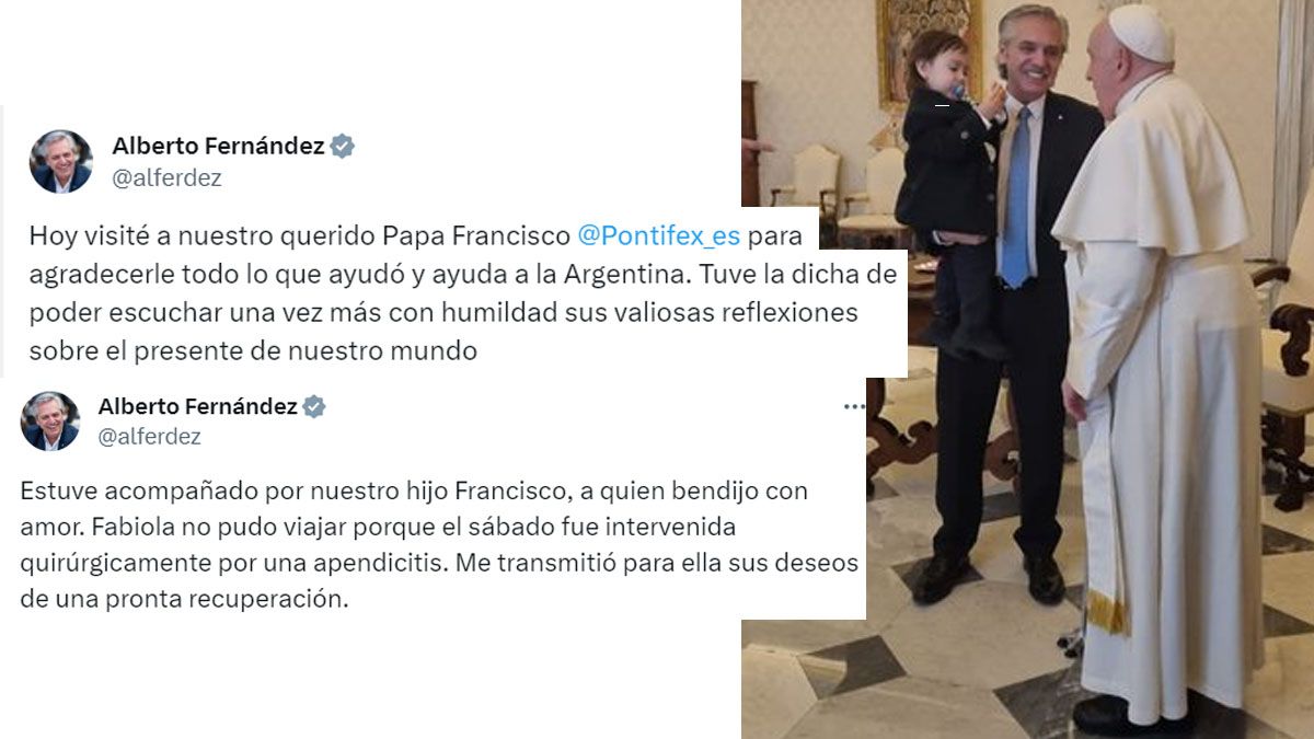 El expresidente Alberto Fernández, publico un mensaje con una foto con su hijo que lo acompañó a su encuentro con el Papa Francisco. (Foto: Cuenta de 