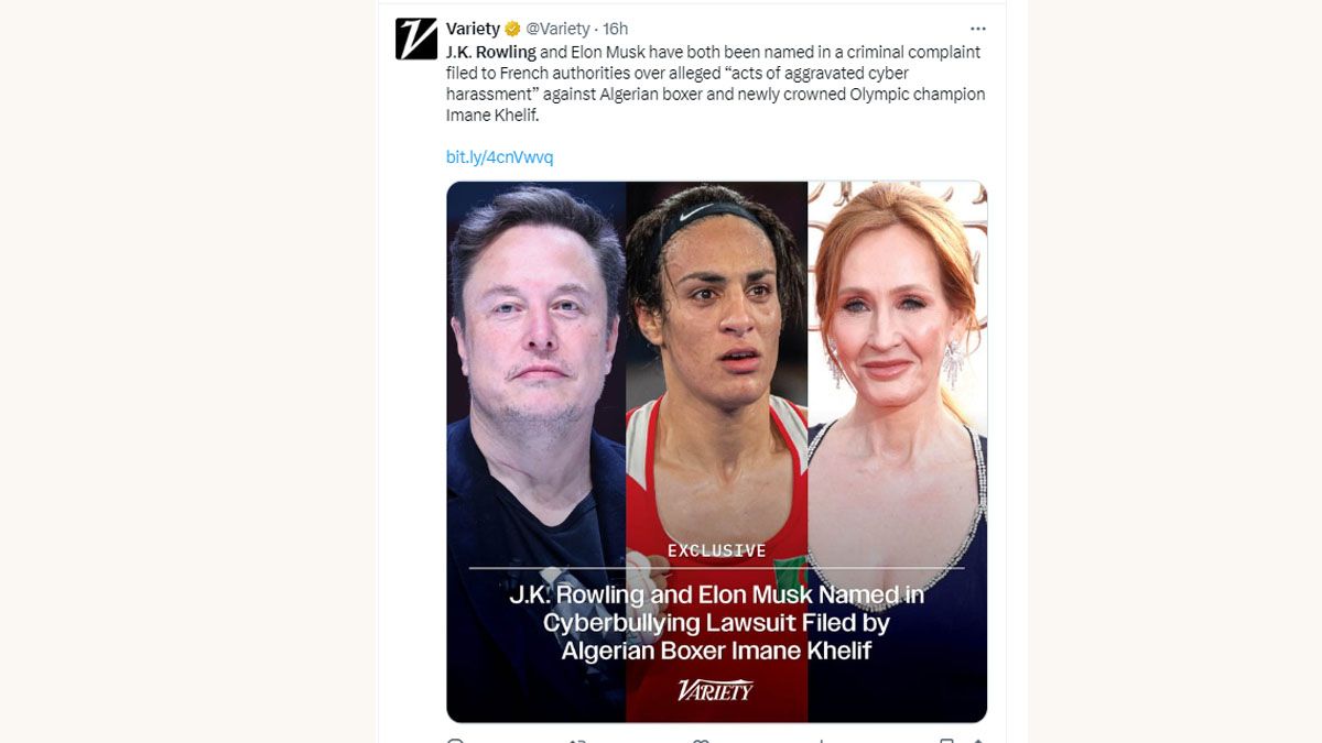 La denuncia de la boxeadora Khelif contra Rowling y Musk, por haber sido v&iacute;ctima de ciberacoso por una cuesti&oacute;n de g&eacute;nero ya est&aacute; en una fiscal&iacute;a de Par&iacute;s. (Foto: Cuenta de "X" de Variety)