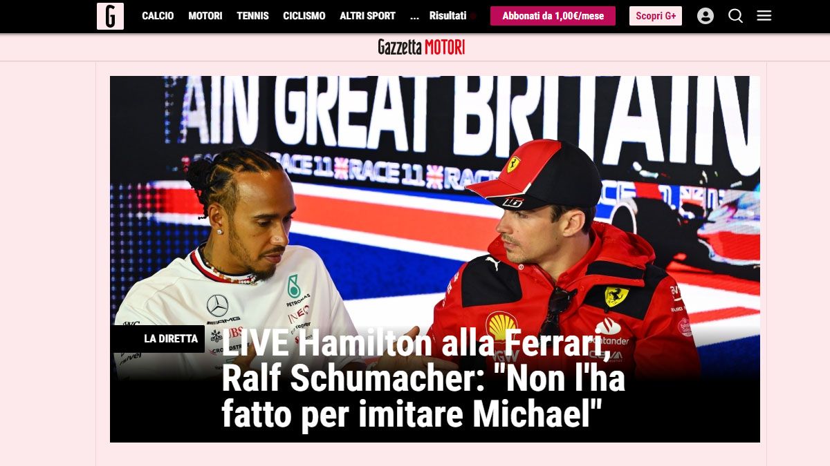 La prensa italiana anuncia la llegada de Lewis Hamilton a Ferrari (Foto: gentileza Gazzetta dello Sport).