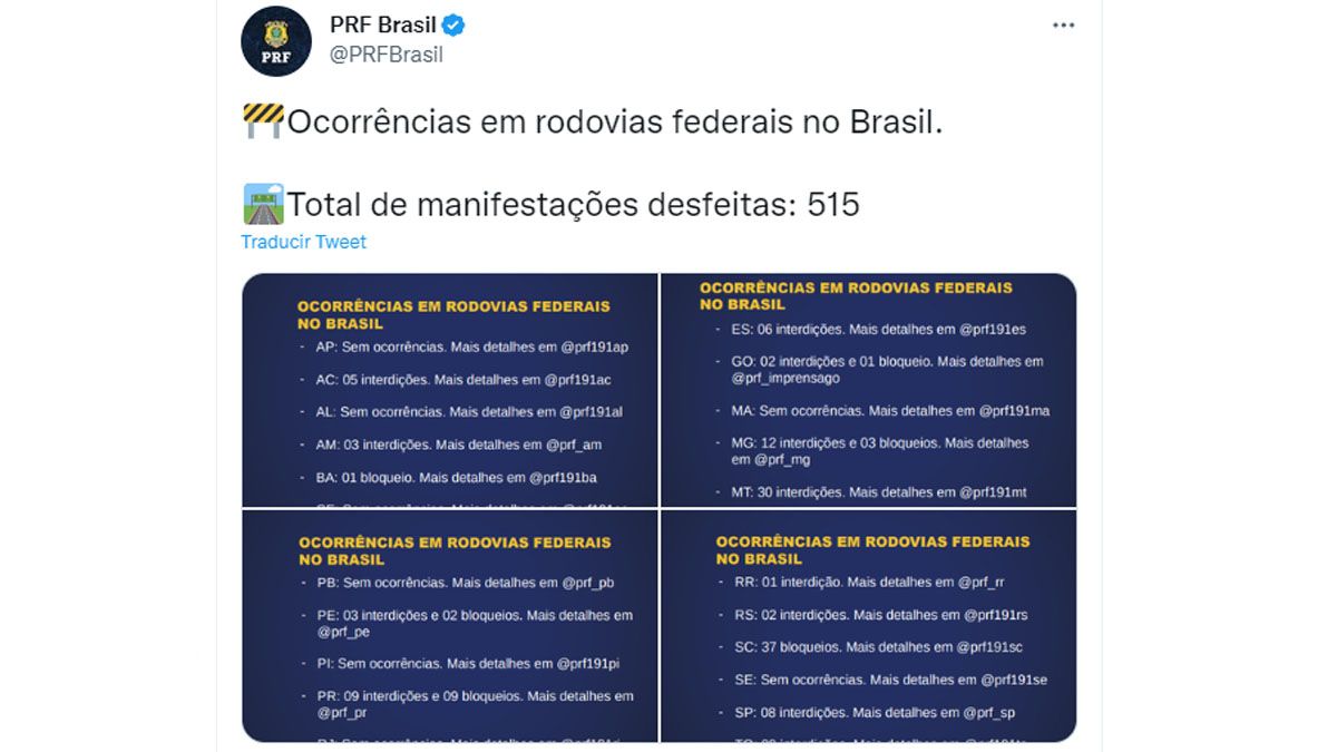 La polic&iacute;a caminera federal publica por las redes sociales la situaci&oacute;n de las rutas del pa&iacute;s (Cuenta de Twitter de la Polic&iacute;a Rodoviaria Federal)
