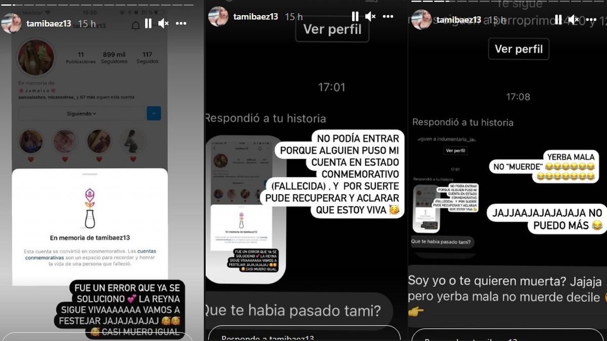 Los mensajes con los que Tamara B&aacute;ez aclar&oacute; el error por el que la dieron por muerta en las redes hace unas semanas.&nbsp;