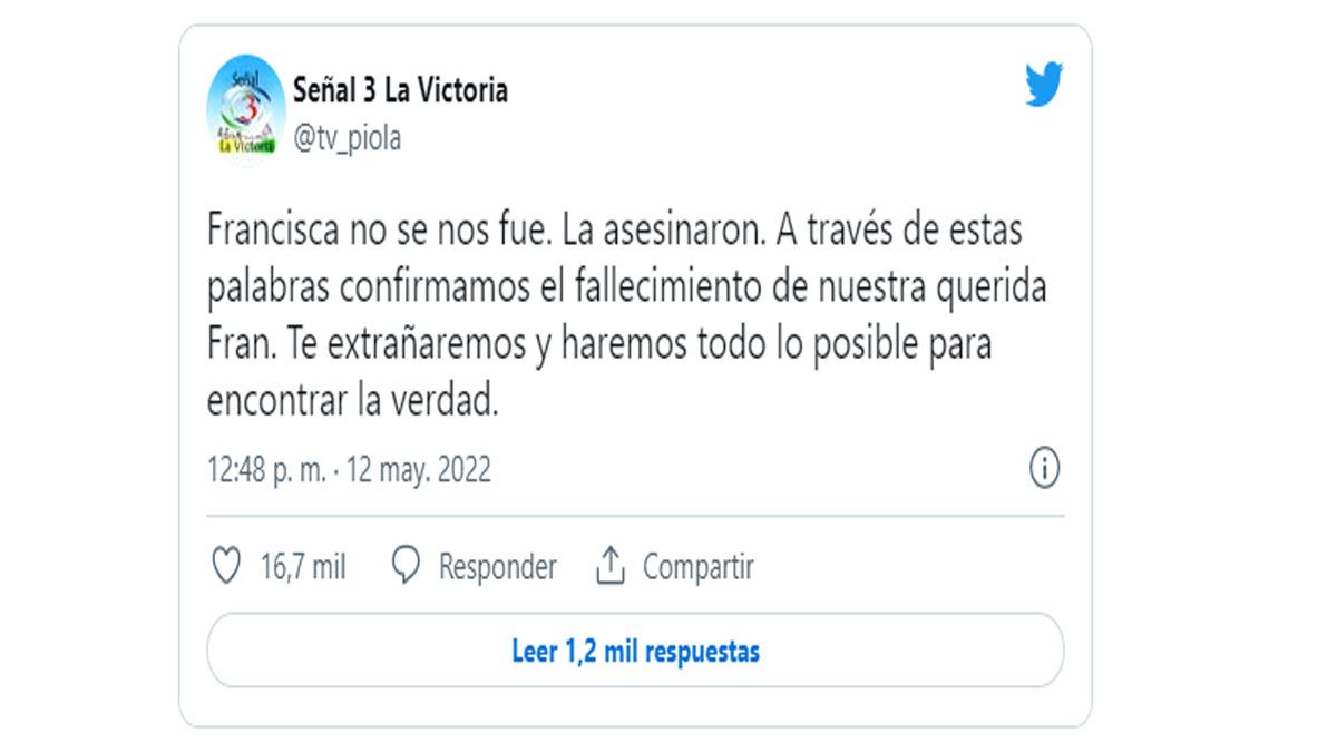 La cadena en la que trabajaba Sandoval, en su mensaje de duelo por la muerte (Foto: Cuenta de Twitter de Señal 3 de Chile )