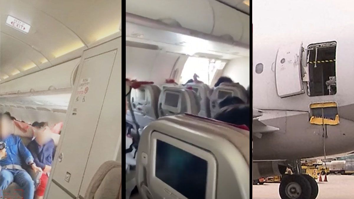 los pasajeros resisten la fuerte corriente de aire cuando un pasajero abrió una puerta en pleno vuelo. (Foto: A24.com)
