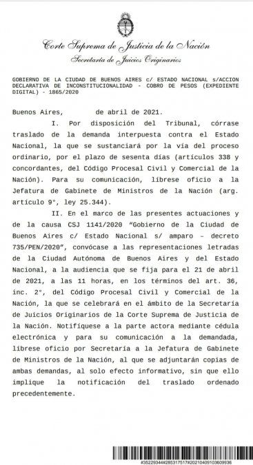 La convocatoria de la Corte Suprema a una audiencia conciliatoria entre Nación y Ciudad.