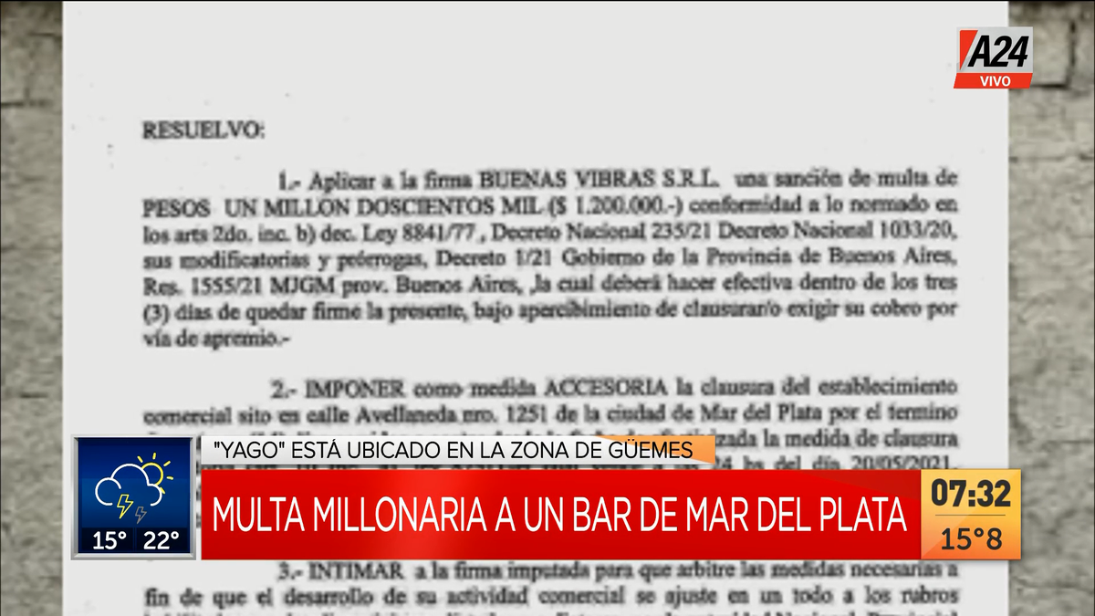 Así llegan las multas millonarias a bares en Mar del Plata. (Captura de Tv)