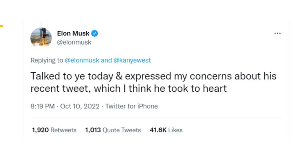 Elon Musk ya había advertido a West por el tono violento y racista de sus mensajes (Foto: Cuenta de Twitter de Musk)