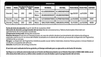 Chevrolet Recall Takata para Sonic, Cruze y Tracker