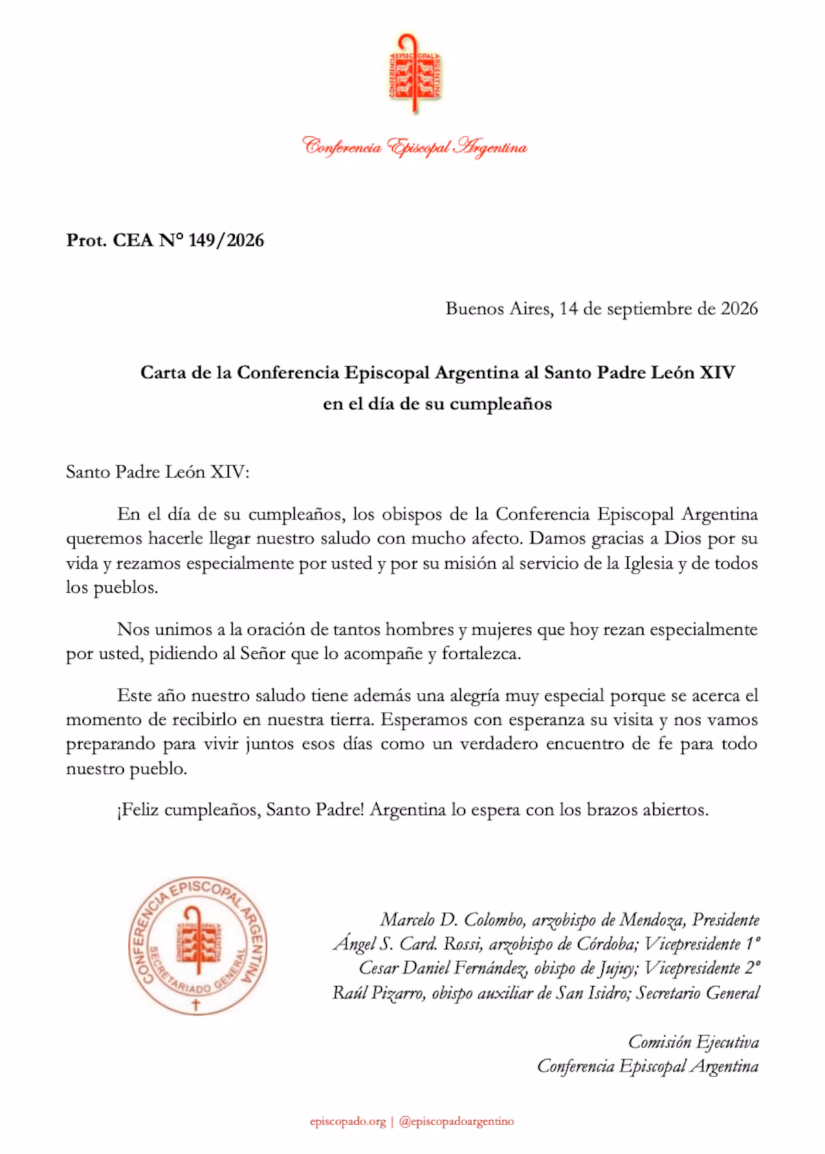 Los obispos argentinos le enviaron una carta a Le&oacute;n XIV para saludarlo por su cumplea&ntilde;os y anticipar su llegada al pa&iacute;s. (Foto: CEA)