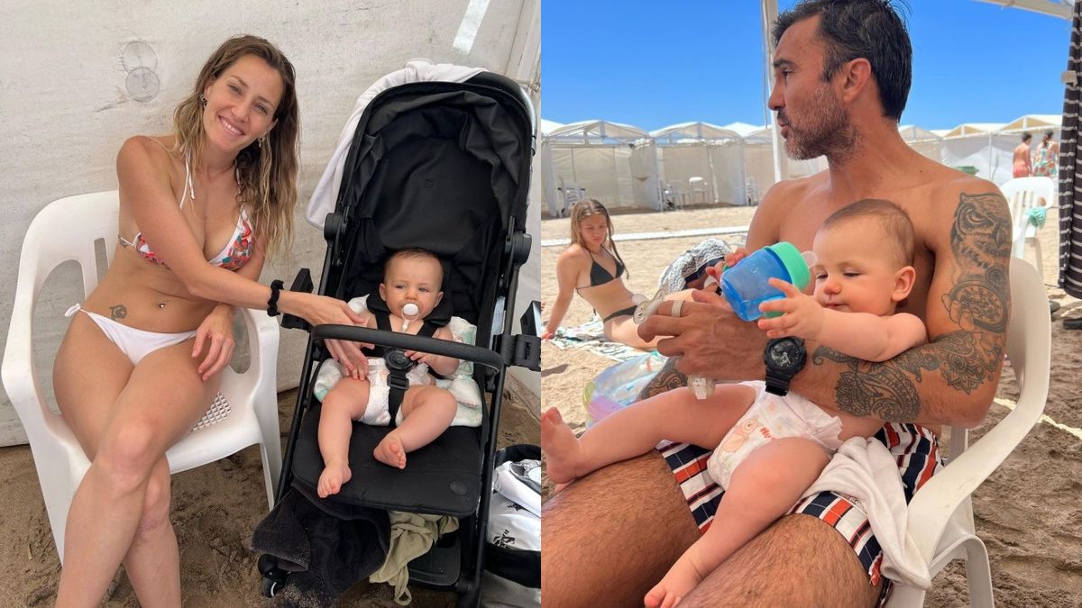 Luca Cubero en su primer d&iacute;a de playa en Mar del Plata, junto a sus pap&aacute;s Mica Viciconte y Fabi&aacute;n Cubero.&nbsp;