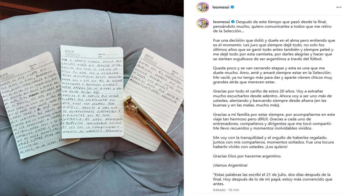 La carta con la que Leo Messi anunció que se retira de la selección argentina. (Foto: Instagram de Messi)