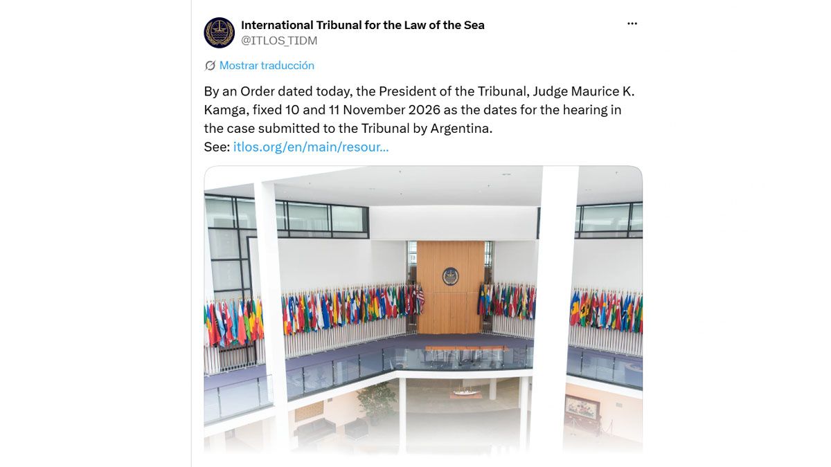 El anuncio oficial del Tribunal del Tratado del Mar. (Foto: Cuenta de X de ITLOS)