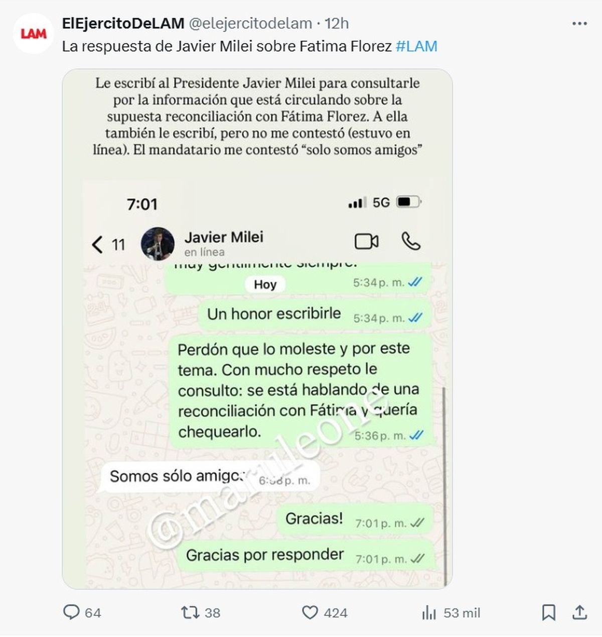 Qué dijo Javier Milei sobre los rumores de reconciliación con Fátima Florez