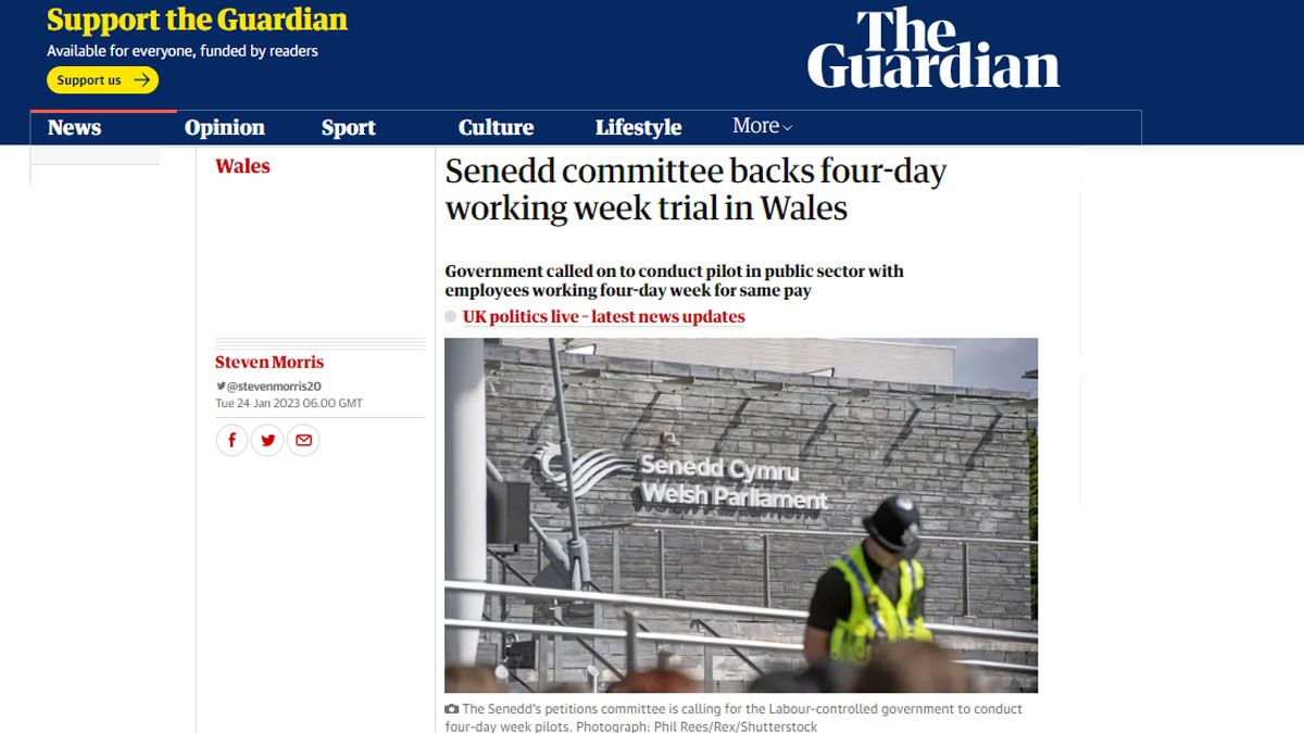 Gales har&aacute; una experiencia piloto y reducir&aacute; la jornada laboral a 4 d&iacute;as sin recortar el salario (Foto: The Guardian).