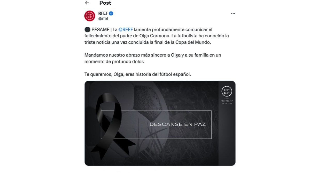 El mensaje de la federación de Fútbol español por la muerte del padre de la goleadora de la final. (Foto: cuenta de la RFEF en 