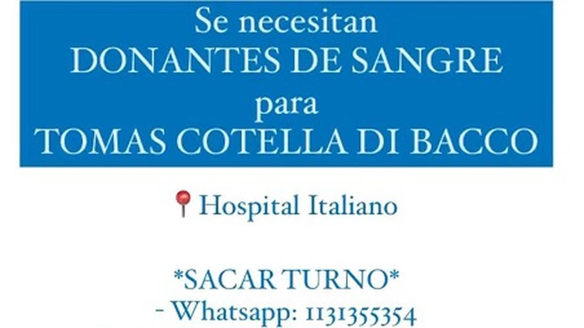 Se necesitan donantes para Tomás Cotella Di Bacco