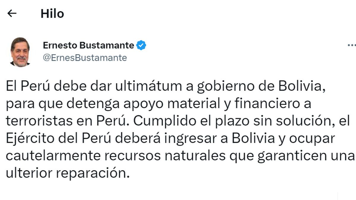 Un congresista del fujimorismo pide hasta una invasión al territorio de Bolivia por el apoyo a "terroristas en el Perú". (Foto: cuenta de Twitter del congresista Bustamante).