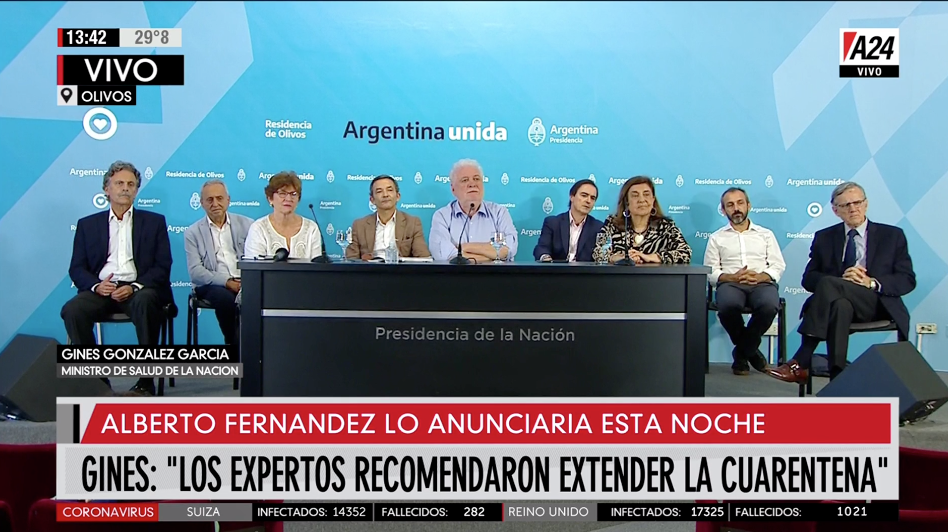 Ginés González García anunció que los expertos recomiendan continuar la cuarentena para proteger a la población