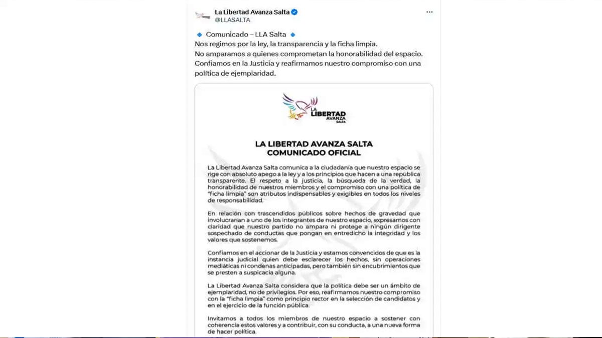 La Libertad Avanza no respaldó al concejal y pide que la justicia llegue al fondo de la denuncia. (Foto: LLA)