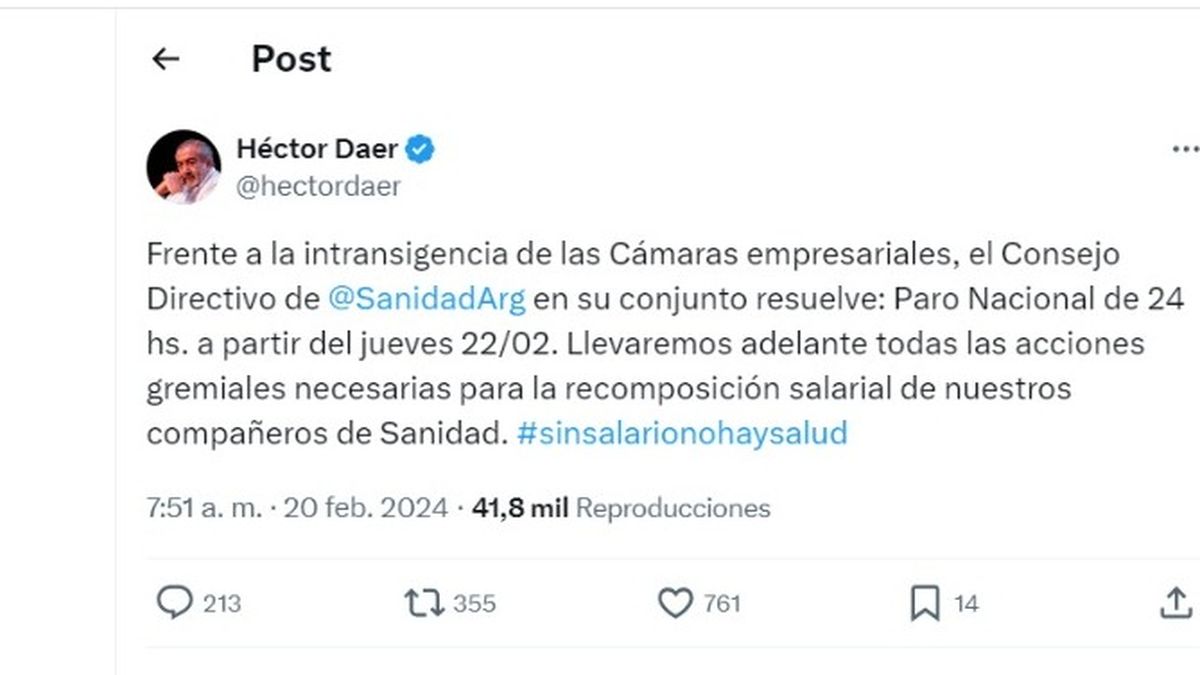 El mensaje de Héctor Daer en el que anuncia el paro del gremio de Sanidad (Foto 