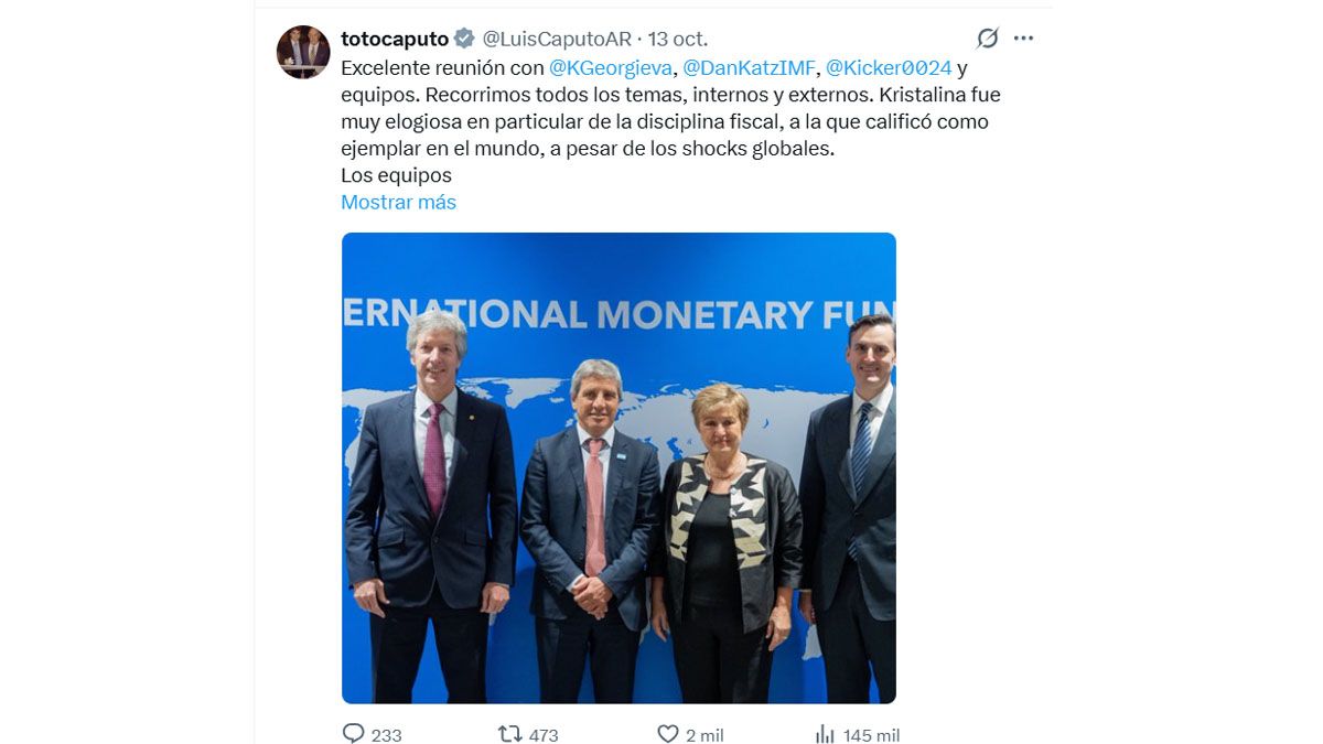 El ministro Luis Caputo, satisfecho por su encuentro con Kristalina Georgieva. (Foto: Cuenta de X de Caputo)