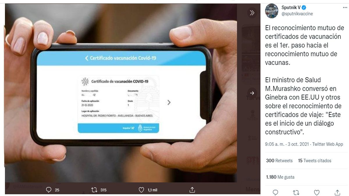 Los certificados otorgados en la Argentina - aquí en su versión virtual, destacados por la cuenta oficial de Sputnik V (Foto: cuenta oficial Sputnik V)
