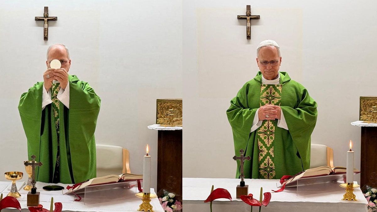 Dos imágenes para ver la recuperación del Papa. León XIV celebró la misa en la clínica Gemelli. (fotos: Reuters)