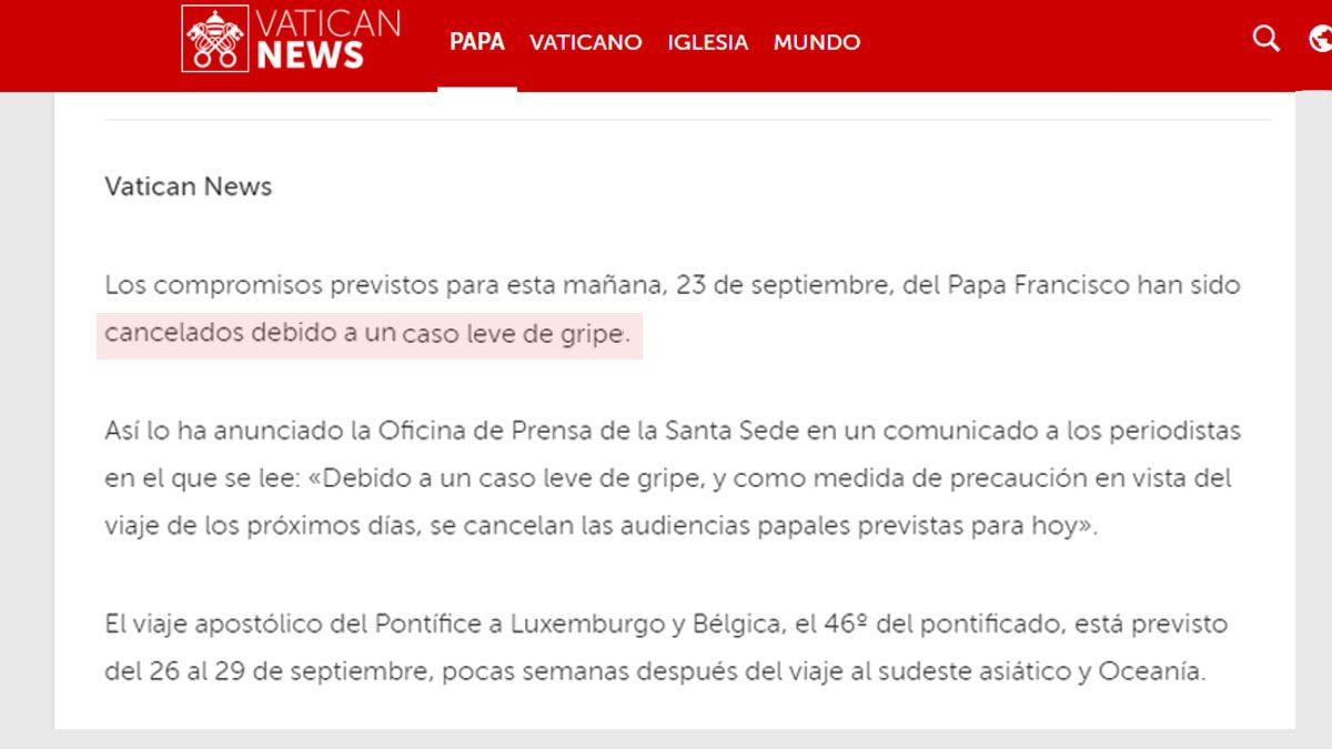 El papa Francisco canceló de manera imprevista su agenda por un estado gripal. (Foto: Vatican News)