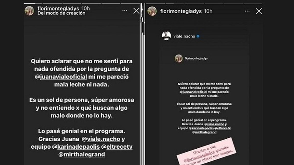 Gladys Florimonte aclaró a través de sus redes sociales no haber sentido ningún malestar ante las preguntas de Juana Viale, en La noche de Mirtha.