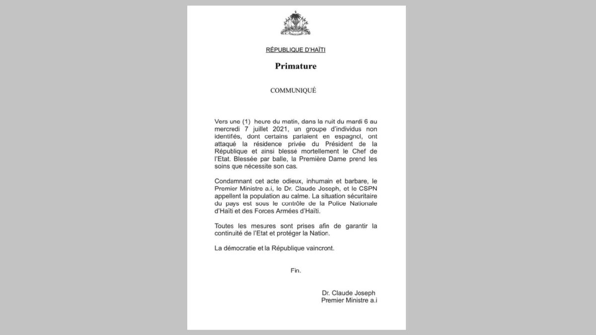 Comunicado oficial del Primer Ministro tras el asesinato del presidente de Haití, en un ataque a su residencia (Foto: Gobierno de Haití)