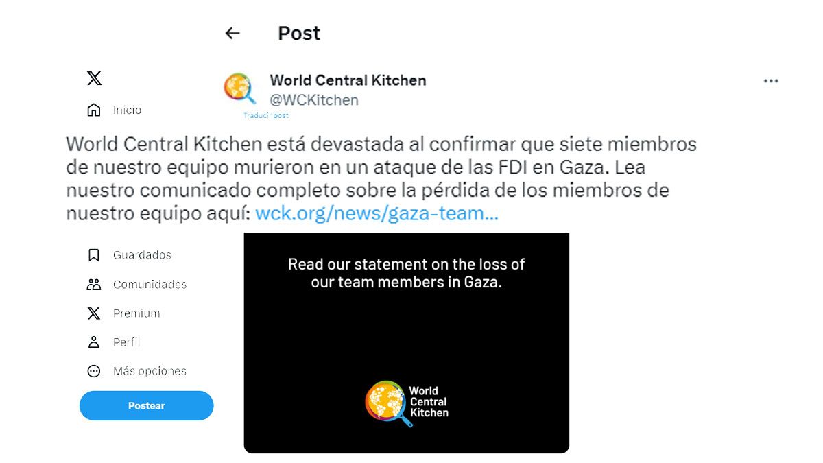 El anuncio de WCK por la muerte de 7 de sus integrantes en un bombardeo israelí. (Foto: Cuenta de X de WCK)