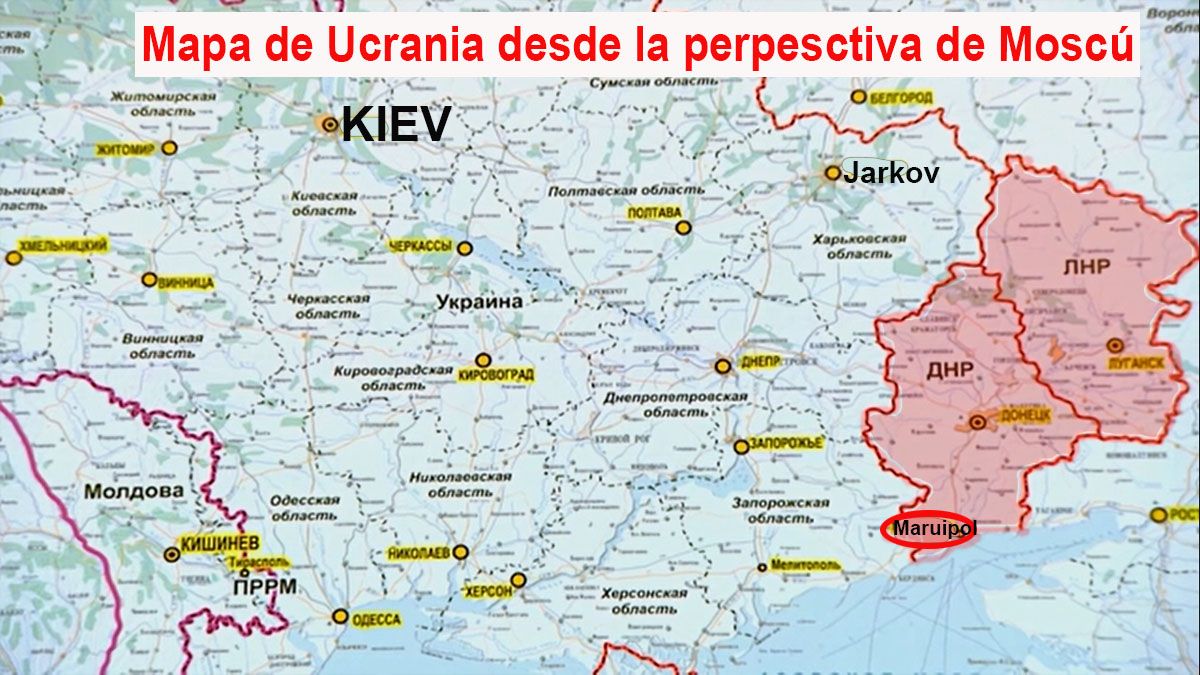 El coronel Mikhail Mizintsev, habló de un corredor humanitario pero tenía de fondo un mapa con el control que reclama Rusia sobre territorio de Ucrania (Foto: AP)