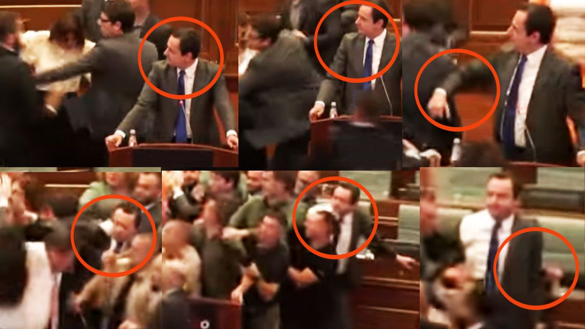 La secuencia muestra que el primer ministro kosovar nunca quiso meterse en la pelea. Ni cuando le lanzaron el agua o cuando agredieron a una mujer al lado suyo. Su objetivo fue mantener distancia y zafar lo m&aacute;s r&aacute;pido posible. (Foto: Captura de TV)